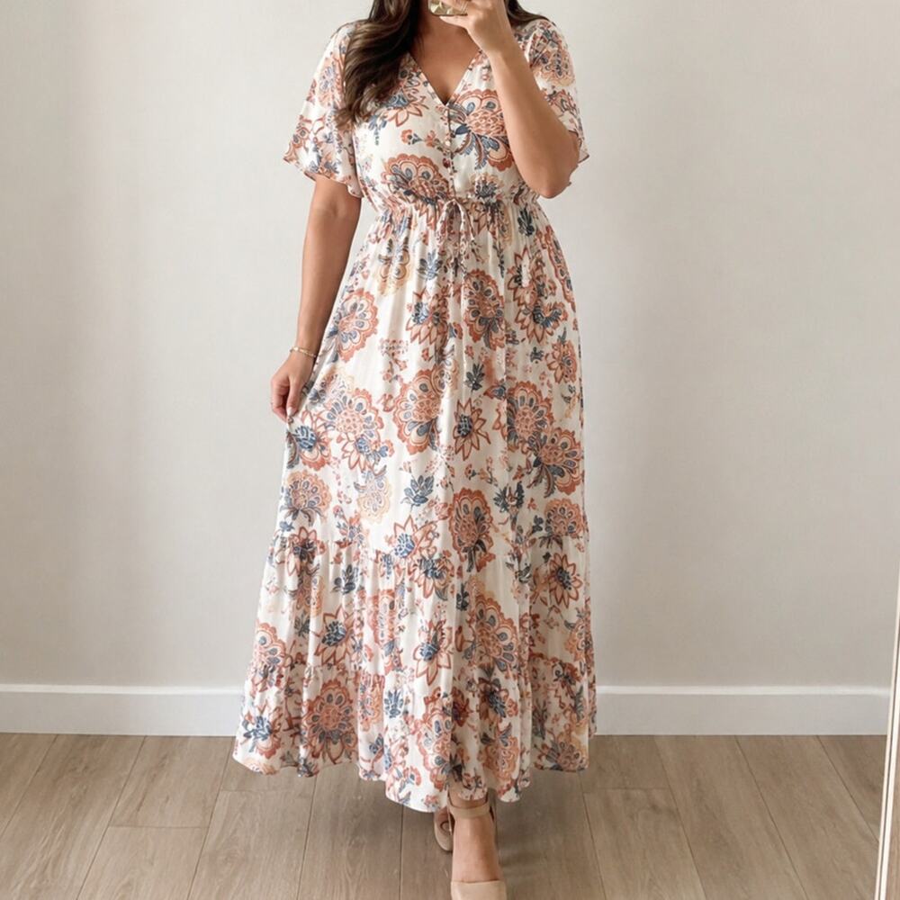 JustFab🌿WomenBoho Floral Maxi Dress XL Cream Paisley Flutter Sleeve Cottagecore